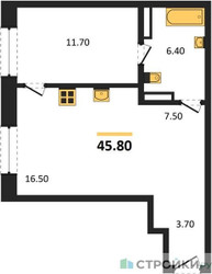 Планировка однокомнатной(квартира) площадью 45.8 квадратных метров в ЖК “ЖК МОНС”