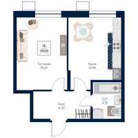Планировка однокомнатной(квартира) площадью 39.05 квадратных метров в “ЖК Бархат”