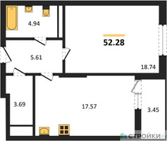 Планировка однокомнатной(квартира) площадью 52.28 квадратных метров в “ЖК Riga Hills (Рига Хиллс)”