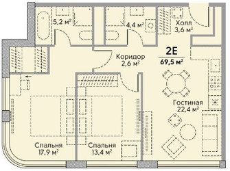 Планировка двухкомнатной(квартира) площадью 70.3 квадратных метров в “ЖК Stories на Мосфильмовской”