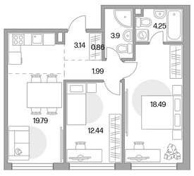 Планировка двухкомнатной(квартира) площадью 64.86 квадратных метров в ЖК “ЖК MYPRIORITY Mnevniki (Май Приорити Мневники)”