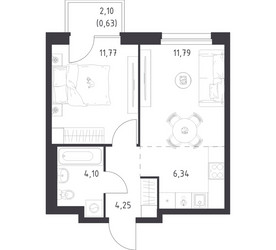Планировка однокомнатной(квартира) площадью 38.88 квадратных метров в ЖК “ЖК Новое Внуково”