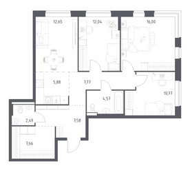Планировка трехкомнатной(квартира) площадью 87.41 квадратных метров в ЖК “ЖК Новое Видное”