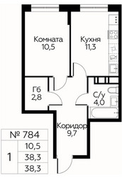 Планировка однокомнатной(квартира) площадью 38.3 квадратных метров в ЖК “ЖК Цветочные Поляны Сити”