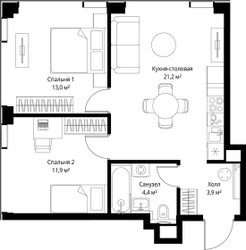 Планировка двухкомнатной(квартира) площадью 59.02 квадратных метров в ЖК “ЖК Веер”