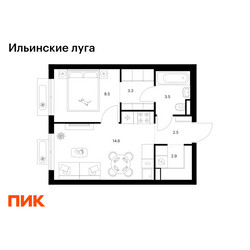 Планировка однокомнатной(квартира) площадью 35.3 квадратных метров в ЖК “ЖК Ильинские луга”