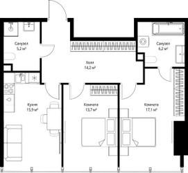 Планировка двухкомнатной(квартира) площадью 72.3 квадратных метров в ЖК “ЖК ОНЕ”