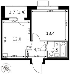 Планировка однокомнатной(квартира) площадью 34.5 квадратных метров в ЖК “ЖК 1-й Саларьевский (Первый Саларьевский)”