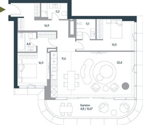 Планировка трехкомнатной(квартира) площадью 114.2 квадратных метров в ЖК “ЖК Springs (Спрингс)”