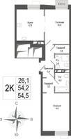 Планировка двухкомнатной(квартира) площадью 54.2 квадратных метров в “ЖК КИНОКВАРТАЛ”