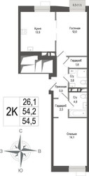 Планировка двухкомнатной(квартира) площадью 54.2 квадратных метров в ЖК “ЖК КИНОКВАРТАЛ”