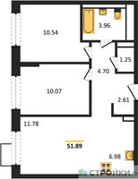 Планировка двухкомнатной(квартира) площадью 51.89 квадратных метров в “ЖК Молжаниново”
