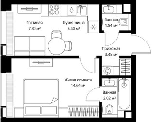 Планировка однокомнатной(квартира) площадью 35.65 квадратных метров в ЖК “ЖК Веер”