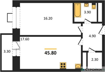 Планировка однокомнатной(квартира) площадью 44.5 квадратных метров в ЖК “ЖК Идеал”