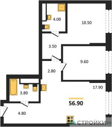 Планировка двухкомнатной(квартира) площадью 56.9 квадратных метров в ЖК “Архитектурный проект U2 (ЮТУ)”