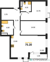 Планировка двухкомнатной(квартира) площадью 75.2 квадратных метров в “ЖК Южные сады”