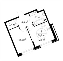 Планировка однокомнатной(квартира) площадью 36.7 квадратных метров в “ЖК Переделкино Ближнее”
