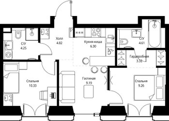 Планировка двухкомнатной(квартира) площадью 52.08 квадратных метров в ЖК “ЖК СЕТ”