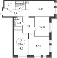 Планировка трехкомнатной(квартира) площадью 88 квадратных метров в “ЖК Первый Московский”