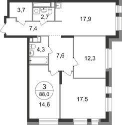 Планировка трехкомнатной(квартира) площадью 88 квадратных метров в ЖК “ЖК Первый Московский”