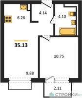 Планировка однокомнатной(квартира) площадью 35.13 квадратных метров в “ЖК Пригород Лесное”