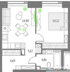 Планировка однокомнатной(квартира) площадью 42.29 квадратных метров в ЖК “ЖК Upside Towers (Апсайд Тауэрс)”