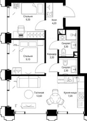 Планировка двухкомнатной(квартира) площадью 51.9 квадратных метров в ЖК “ЖК СЕТ”