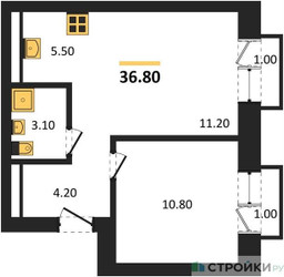 Планировка однокомнатной(квартира) площадью 36.8 квадратных метров в ЖК “ЖК Квартал Метроном”