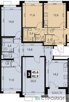 Планировка трехкомнатной(квартира) площадью 82.9 квадратных метров в “ЖК ЮЖНАЯ БИТЦА”