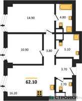Планировка двухкомнатной(квартира) площадью 62.1 квадратных метров в “ЖК Айс Тауэрс”