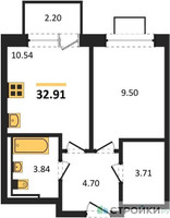 Планировка однокомнатной(квартира) площадью 32.91 квадратных метров в “ЖК Богдановский Лес”