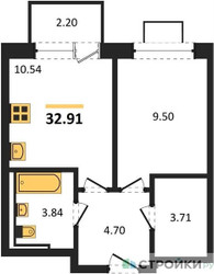 Планировка однокомнатной(квартира) площадью 32.91 квадратных метров в ЖК “ЖК Богдановский Лес”