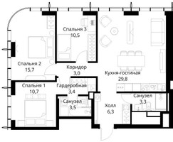 Планировка трехкомнатной(квартира) площадью 86.2 квадратных метров в “ЖК Сити Бэй”