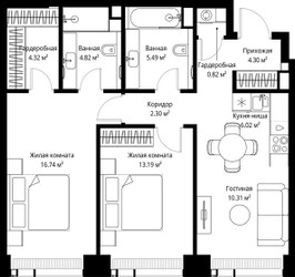 Планировка двухкомнатной(квартира) площадью 68.31 квадратных метров в ЖК “ЖК Веер”