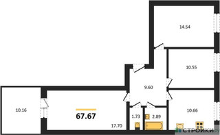 Планировка трехкомнатной(квартира) площадью 67.67 квадратных метров в “ЖК Парк Апрель”