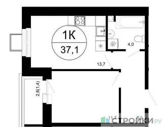 Планировка однокомнатной(квартира) площадью 37.1 квадратных метров в ЖК “ЖК Одинцовские кварталы”