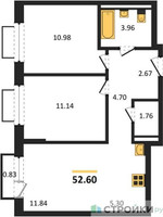 Планировка двухкомнатной(квартира) площадью 52.6 квадратных метров в “ЖК Новое Видное”