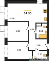 Планировка двухкомнатной(квартира) площадью 51.3 квадратных метров в “ЖК Никольский квартал Отрада”
