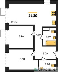 Планировка двухкомнатной(квартира) площадью 51.3 квадратных метров в ЖК “ЖК Никольский квартал Отрада”