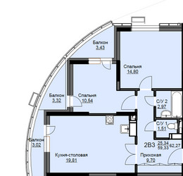 Планировка двухкомнатной(квартира) площадью 62.7 квадратных метров в ЖК “ЖК Соболевка”