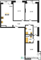 Планировка трехкомнатной(квартира) площадью 80.6 квадратных метров в ЖК “ЖК Новая Щербинка”