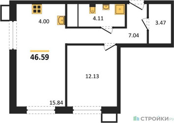 Планировка однокомнатной(квартира) площадью 46.59 квадратных метров в ЖК “ЖК Квартал Румянцево (МелиСад)”