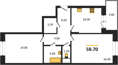 Планировка двухкомнатной(квартира) площадью 59.7 квадратных метров в ЖК “ЖК Эдельвейс (Первомайское)”