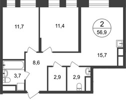 Планировка двухкомнатной(квартира) площадью 56.9 квадратных метров в “ЖК Первый Московский”