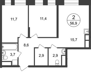 Планировка двухкомнатной(квартира) площадью 56.9 квадратных метров в ЖК “ЖК Первый Московский”