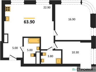 Планировка двухкомнатной(квартира) площадью 63.9 квадратных метров в ЖК “Архитектурный проект U2 (ЮТУ)”