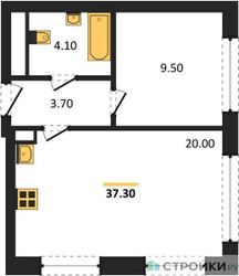 Планировка однокомнатной(квартира) площадью 37.3 квадратных метров в ЖК “ЖК Вейв”
