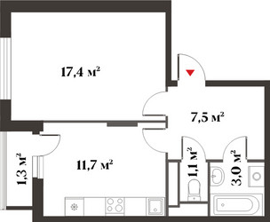 Планировка однокомнатной(квартира) площадью 40.5 квадратных метров в ЖК “Миниполис 8 кленов”