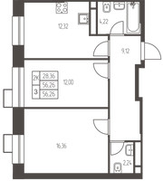Планировка двухкомнатной(квартира) площадью 56.3 квадратных метров в “ЖК Новая Ивантеевка”