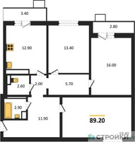 Планировка трехкомнатной(квартира) площадью 89.2 квадратных метров в “ЖК Пироговская Ривьера”